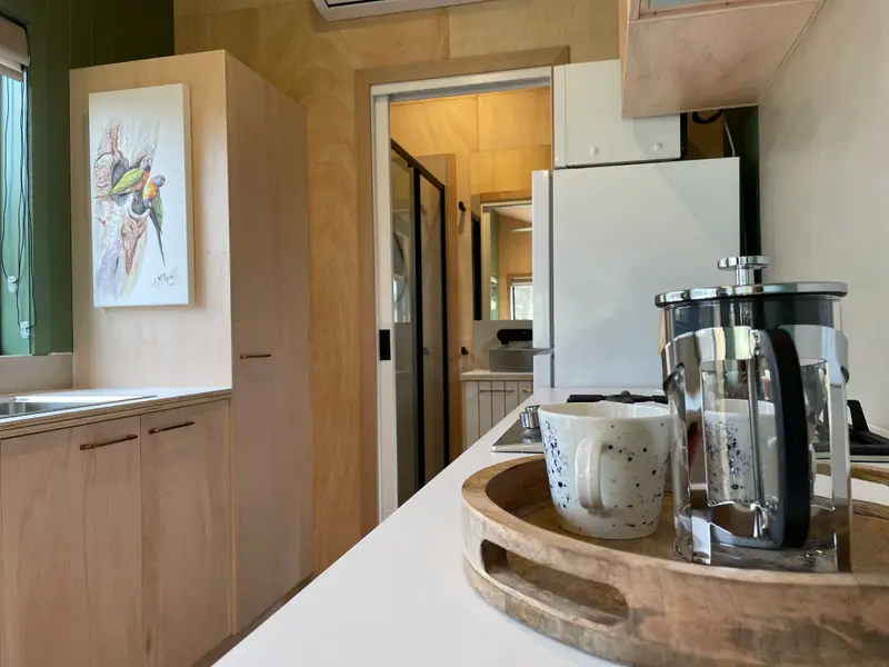 Kitchen and full-size fridge in The Hideaway